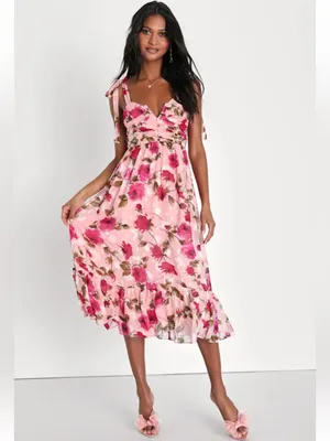 Lulu’s Pink Floral Tie-Shoulder Midi Dress thumbnail 2
