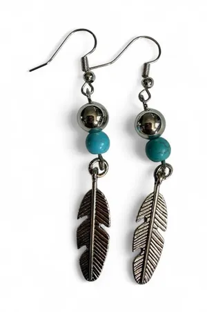 Handmade Silver & Turquoise Feather Dangle Earrings thumbnail 1