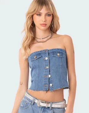 Edikted Denim Strapless Corset Bustier Top thumbnail 1