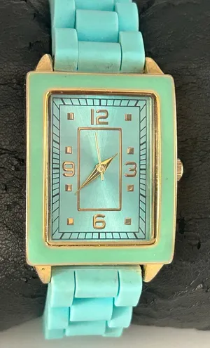 Women’s Aqua Blue Rectangular Analog Watch Gold Case Working New Battery thumbnail 1
