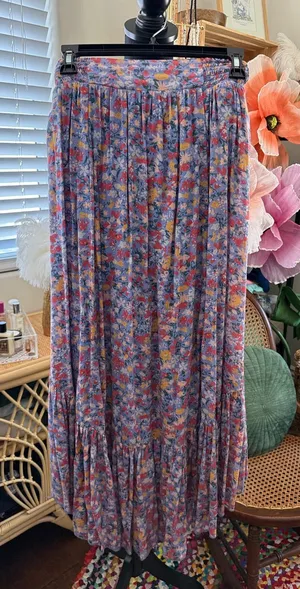 Free People Multi Watercolor Bloom Floral Smocked Boho Hippie Midi Maxi Skirt thumbnail 1