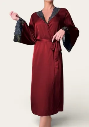 Satin Robe with Lace Trim Red Size M thumbnail 1