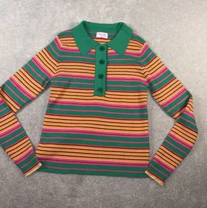pink lily‎ striped collared ribbed long sleeve bright green pink M thumbnail 1