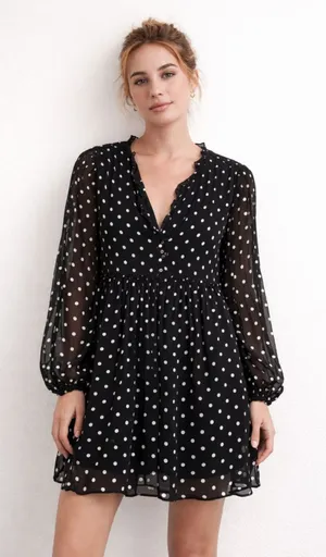 ZARA Polka‎ Dot Pleated Mini Dress Black White Medium thumbnail 1