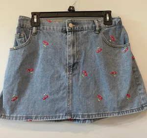 Denim Mini Skirt with Red Cherry Embroidery xl thumbnail 1