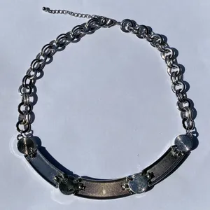 🤍 Y2K 2000s White Enamel Panel Clear Faceted Rhinestones Silver Tone Metal Double Cable Chain Necklace 🤍 thumbnail 5