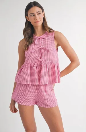 Unbranded Gingham Pajama Set Women Large Pink Bow Peplum Shorts Loungewear thumbnail 1