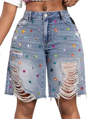 Streetwear bedazzled Jewel Studded bling frayed high Waisted Denim Shorts NWT LG thumbnail 1