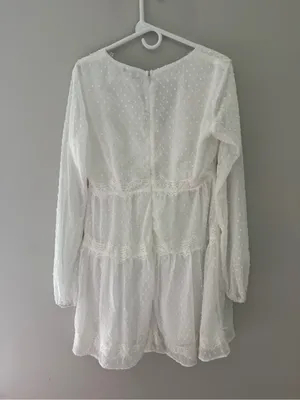 Lulus White Swiss Dot Lace Long Sleeve Babydoll Mini Dress M thumbnail 6