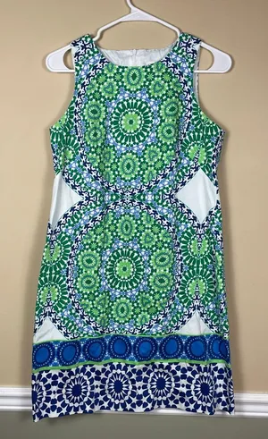 London Times Women’s Geometric Pattern Green Blue White Tank Shift Dress thumbnail 1