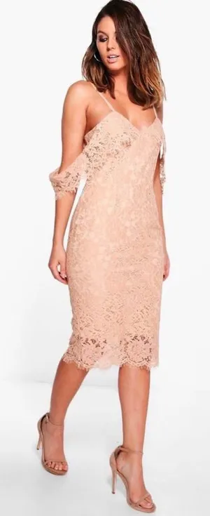 Boohoo Jess Lace Open Shoulder Dress Midi Berry NWT New Cocktail Straps‎ Bodycon thumbnail 1