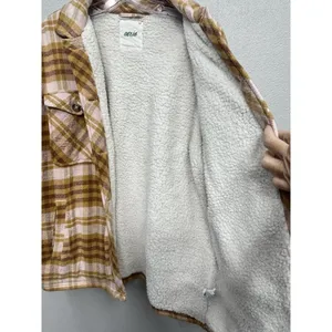 Aerie Womens Shacket Shirt Jacket Small Yellow Pink Plaid Flannel Sherpa Lined thumbnail 9