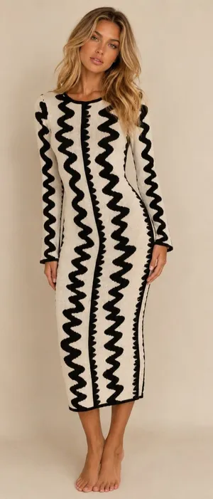 Shein Bodycon Midi Dress Black Cream Zigzag Buttery‎ Soft Quiet Luxury Parisian thumbnail 1