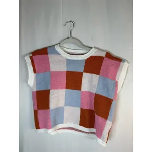 Womens Knit Sweater Vest Size S Colorblock Checkered Pink Blue Rust Cream thumbnail 2