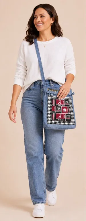 Handmade University of Alabama Crossbody Bag Denim Multi Pocket Crimson Tide thumbnail 1