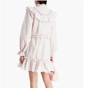 GANNI Ruffled floral-print‎ cotton mini dress Pastel Blue Pink Size 34 thumbnail 2