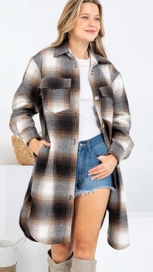 New Sweet Lovely by Jen Long Button Up Plaid Shacket M Brown Size M thumbnail 1