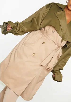 NEW Prettylittlething Khaki Contrast Oversized Midi Trench Coat Women’s 4 thumbnail 1