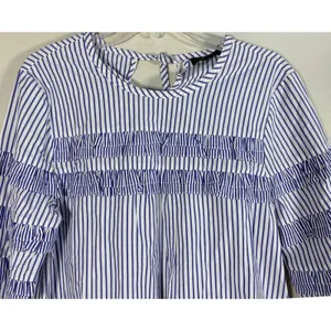 J.Crew Ruffle Stripe Blouse Womens 10 Blue‎ White Excellent Cotton Keyhole Tie thumbnail 5