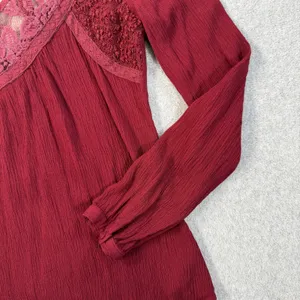 Miss Me Women's XS Burgundy Cut Out Lace V-Neck Blouse Roll Tab Long Sleeve thumbnail 2