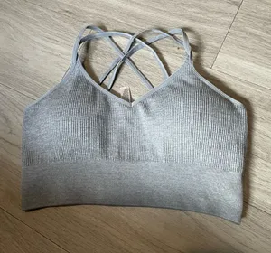 SO Light Gray Ribbed Crisscross Sports Bralette thumbnail 1