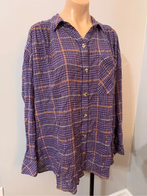 Free People Break My Stride Purple Plaid Button Down Shirt Top Medium thumbnail 4