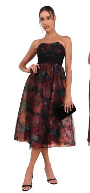 Lulus Splendidly Yours Black Floral Organza Mesh Strapless Midi Dress size L NWT thumbnail 1