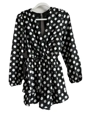 Lulus Women’s Polka Dots Satin Ruffled Romper‎ Elegant Glam Cocktail Size Small thumbnail 1