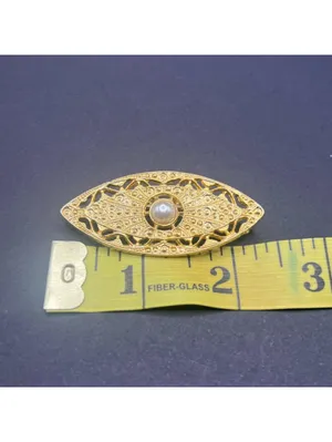 2.5" Gold Tone Evil Eye Brooch Pearl Center Filigree Vintage Style thumbnail 7