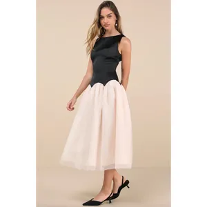 Lulus Contemporary Elegance Black and Cream Satin Tulle Midi Dress Large NWT thumbnail 3