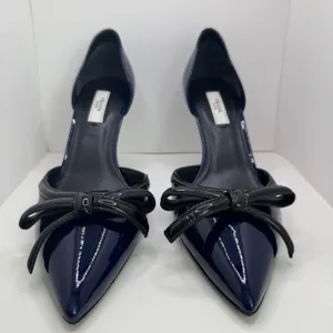 Prada Vintage 2000s Navy Patent Leather Bow D’Orsay Heels Italy 38 New with Box thumbnail 4
