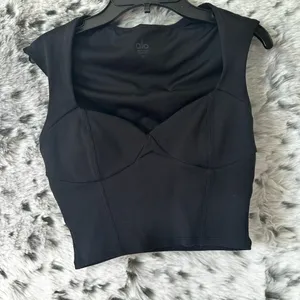 1064. Alo Jacquard High-Waist Glenplaid Flutter ribbed sweetheart black top set thumbnail 7