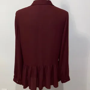 LOFT Burgundy Ruffle Peplum Hem Long-Sleeve Blouse Size Medium thumbnail 10