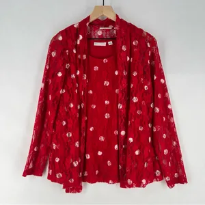 Susan Graver Red Lace White Polka Dot Scoop Neck Tank Sheer Open Cardigan‎ Set thumbnail 1