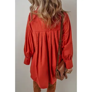 Aura Oversized Shirt Dress Large Rust Red Linen Cotton‎ Pleated Boho Tunic thumbnail 2