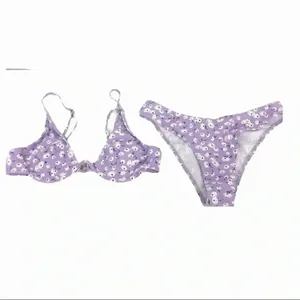 Floral Lilac Two Piece Deep Plunge Bikini Top High Waisted Bottoms Womens Medium thumbnail 2