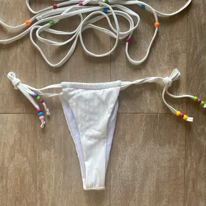 White bead halter waist tie up ribbed white bikini top bottom swimsuit set XS NEW thumbnail 4