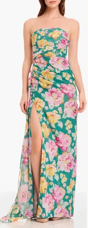 NEW Dress the Population Lulu Metallic Floral Strapless Pine multi Gown sz L thumbnail 1