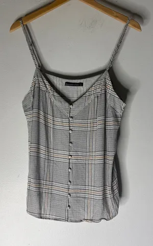 Abercrombie & Fitch Plaid Button Front Camisole Top Grey Tan Large Viscose Camis thumbnail 1