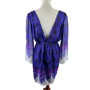 Aryn K Purple Silk Dress Size M 100% Silk Print‎ V-Neck Elastic Waist Fairycore thumbnail 4