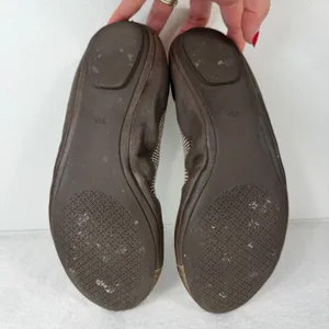 Tory Burch Sz 8.5 Gabby Ballet Flats Gun Metal Leather Gold‎ Cap Toe Logo Shoes thumbnail 10
