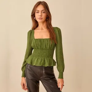 Reformation Hearth Green Dotted Smocked Blouse Size 4 thumbnail 2