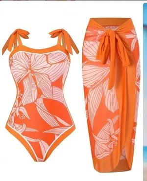 NWOT Orange Tropical Floral One Piece Swimsuit & Sarong Set Size M Resort thumbnail 1