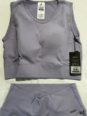 Lilias Active Ribbed Knit Two-Piece Set, Longline Sports Bra and Leggings, Lilac thumbnail 3