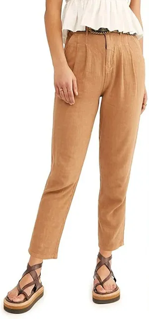 Free People Faded Love Linen Blend Trousers Camel Brown Women's 28 thumbnail 1