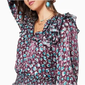 RAMY BROOK Silk Penelope Dress Roco Floral Mini Ruffled Smocked Purple Teal XS thumbnail 4
