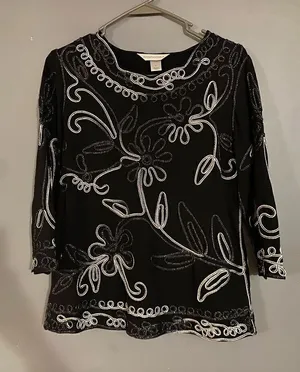 Christopher&Banks Black Sparkle Embroidered Scalloped Hem 3/4 Sleeve Top S thumbnail 1