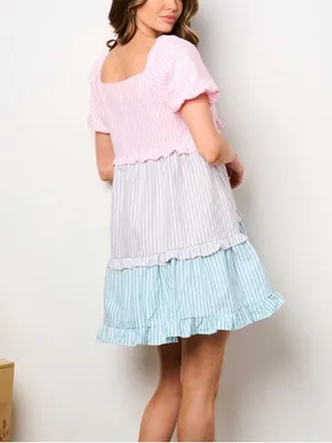 BiBi Cute Pink Pastel Stripe Ruffle Tier Puff Sleeve Babydoll Summer Dress Sz XL thumbnail 3