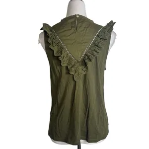J.Crew Eyelet Lace Ruffle Blouse Tank Small Olive Green Cottage Peasant Boho thumbnail 4