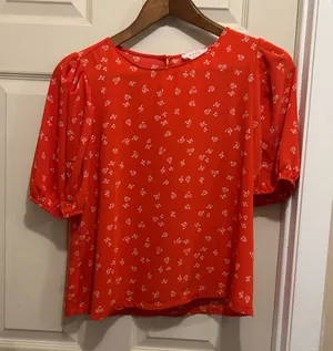 Elodie Red Puff Sleeve Boxy Blouse with small white floral print - size medium thumbnail 1